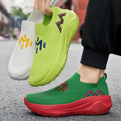 Women's Knit Slip-On Sneakers - Knit Material, Breathable Mesh Upper, Elastic Collar/Band, Stable Thick Sole, Preppy Style, Arch Support, All Seasons, Geometric Webbing, Ideal for Leisure Walking & Daily Errands (Unisex Men’s Casual Low-Top Option)