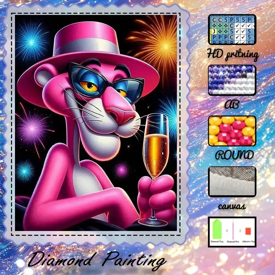 DIY 5D Flocking Fabric Diamond Painting Kit, Diamond Pattern Design, Needlework, AB Diamonds, Crystal Diamonds Pink Panther, Champagne, Fireworks Diamond Embroidery, Craft Diamond Art Kit, Wall Decoration, Gift for Family, Lovers, Friends