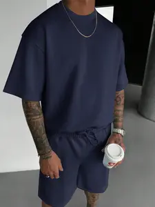 Men's Casual Two-Piece Set, Loose Fit Short Sleeve T-Shirt & Drawstring Shorts, Summer Minimalist Street Style