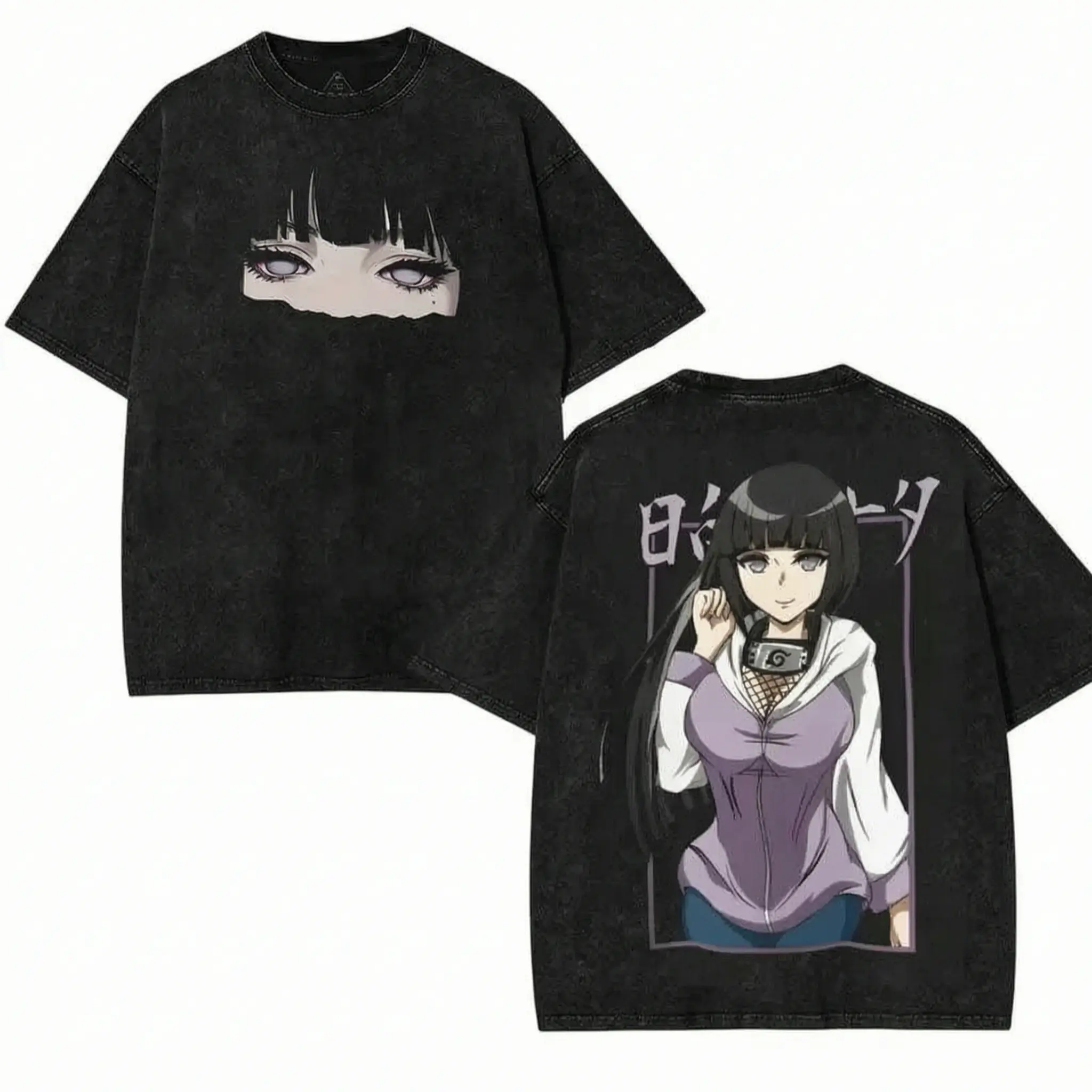 Naruto Hinata Hyuga Byakugan Front & Back Print T-Shirt, Double Printed Vintage Washed Tee Unisex Washed Cotton graphic T-shirt 4XL-5XLManga Anime Fan 90s Top Dress Love Unisex couple T-shirt