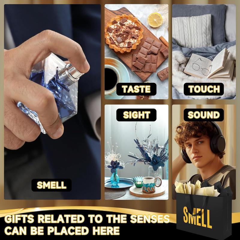 5 Senses Gift Bags For Him With Labels Tissue Paper And Handles, Comes With Birthday Decoration Rose Petals And Happy Birthday Banner Balloons(Black Gold, 12.6 x 8.7 x 4 inch)