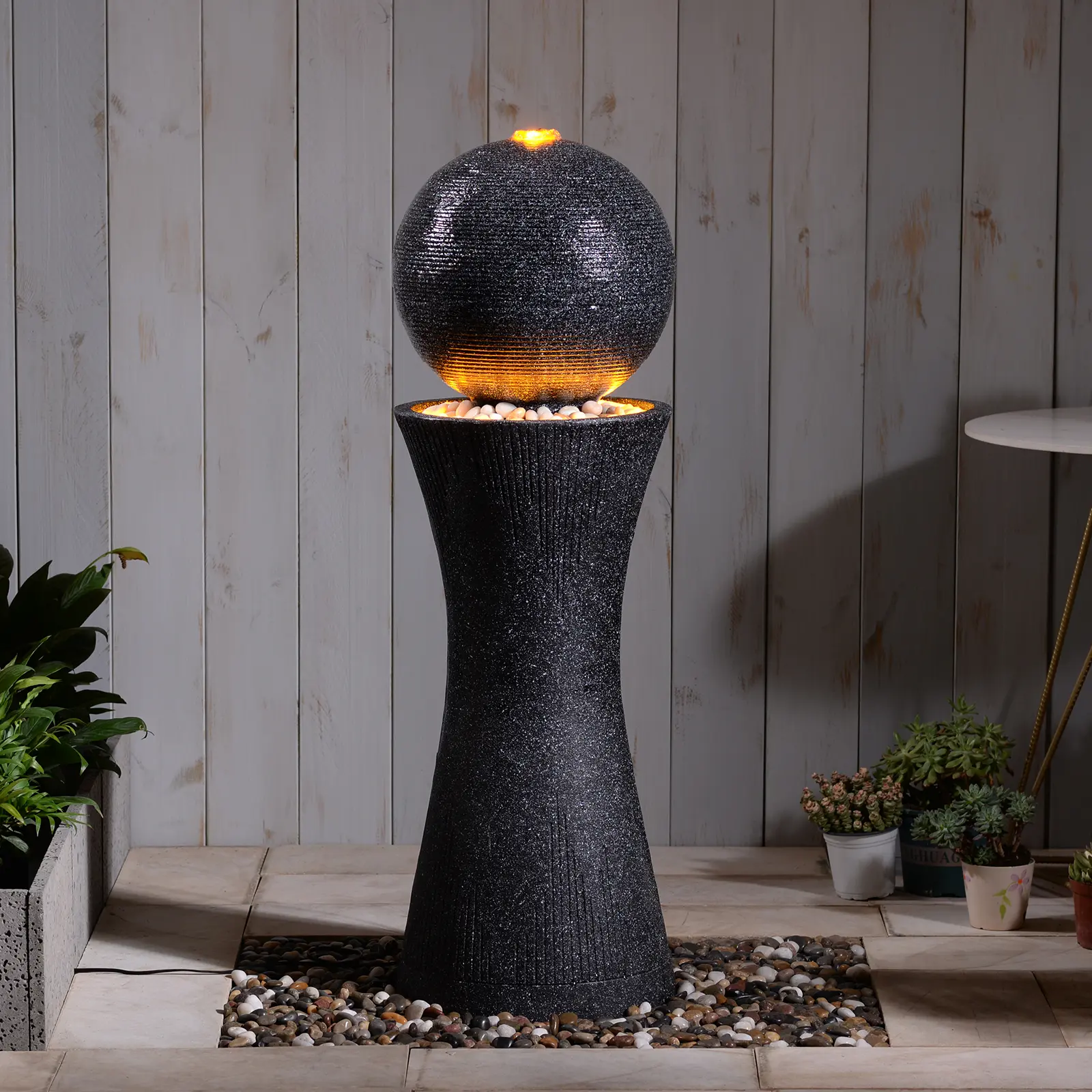41.73" Tall Modern Black Polyresin Sphere Outdoor Water Fountain with LED Light, Curved Pedestal | Floor Water Feature for Garden, Patio