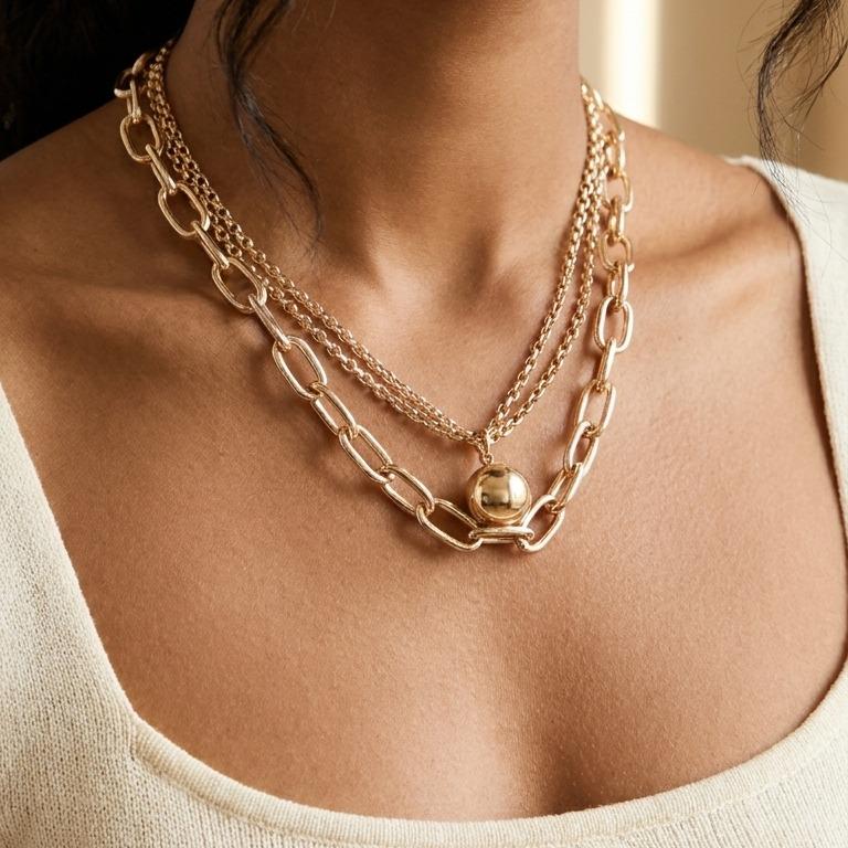 Elara Women's Metal Ball Oval Link Layered Necklace, Multi Strand Polished Gold Tone Beaded Chain Collar, Bold Modern Statement Choker Jewelry for Date Night Going Out Casual Daily Streetwear Aesthetic