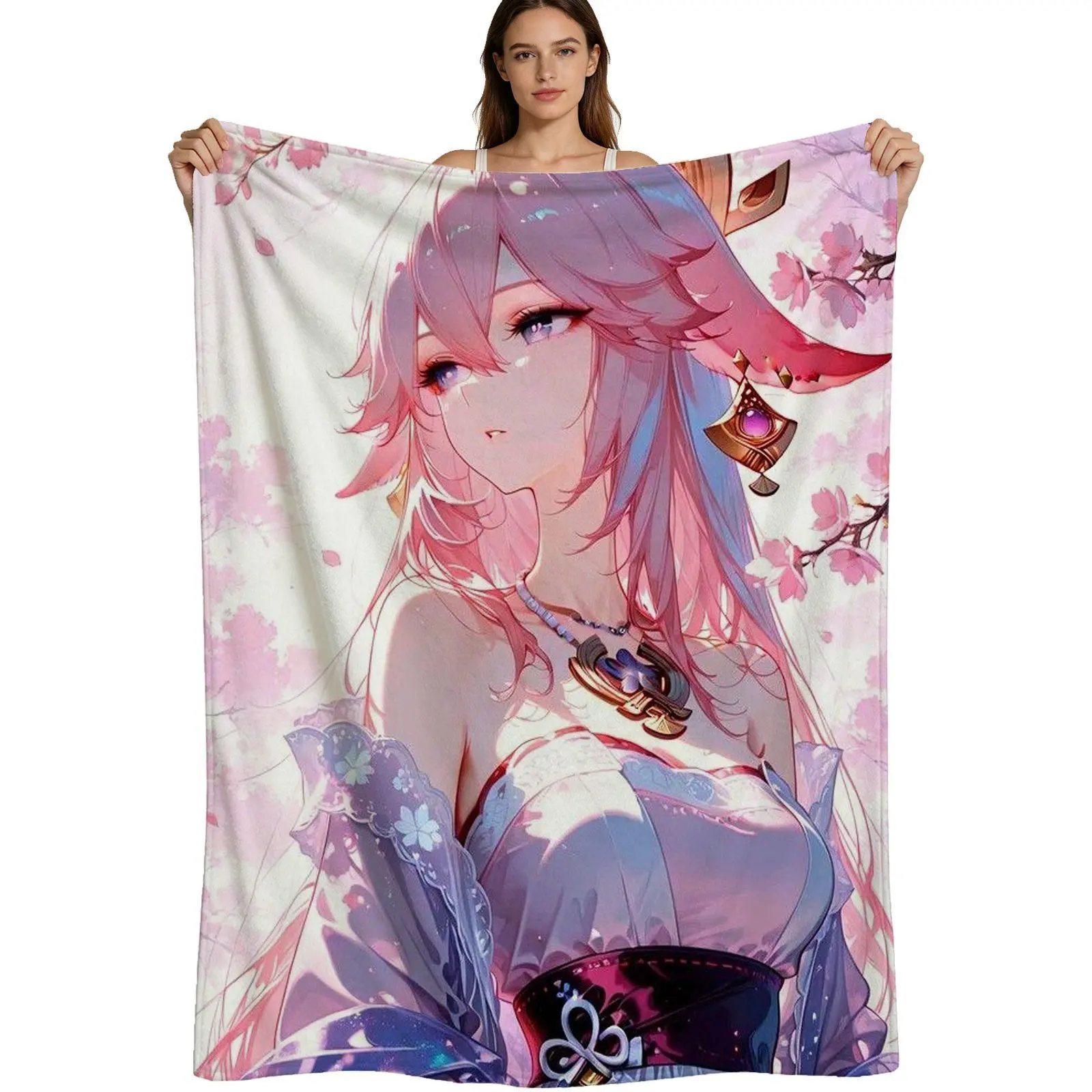 Anime Style, Warm Flannel Blanket, Pink Sakura Girl Pattern, Soft Plush Fabric Detail, For Bedroom Or Sofa Use, 4 Sizes Available Single Pack