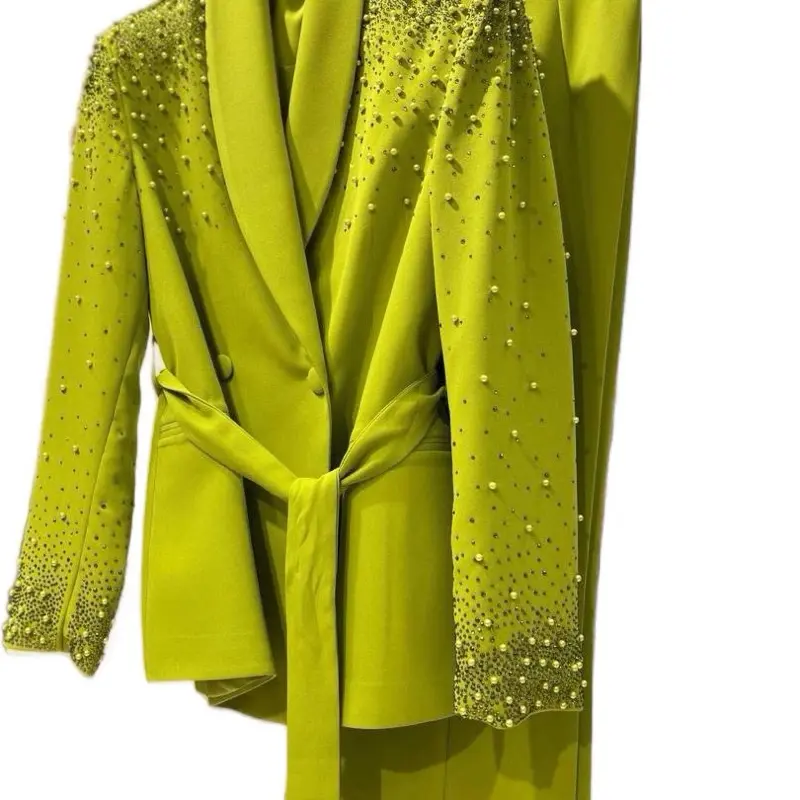Women’s Rhinestone Embellished Blazer & Wide-Leg Pants Set – Elegant Party Suit Outfit