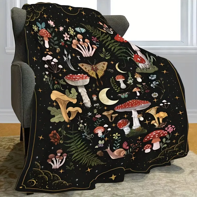 1-Piece Whimsical Mushroom & Butterfly Flannel Throw Blanket - 100% Polyester Fiber, Ultra-Soft, Warm, Hypoallergenic, Plush, White - Ideal for Sofa, Bed - Gothic Theme Gift for Gift Seekers, Throw Blankets, One-Piece