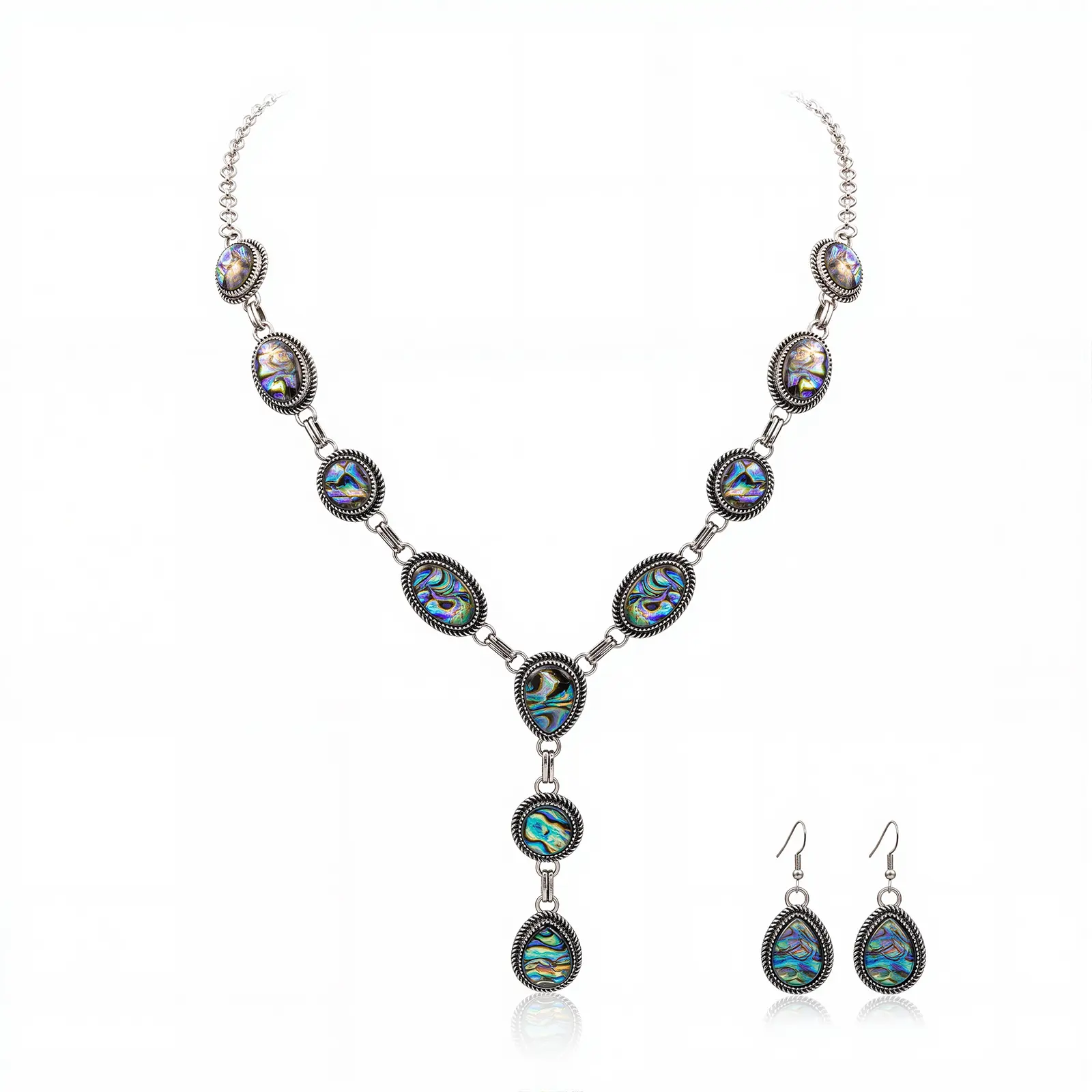 Rustic Couture's Abalone Jewelry Set for Women, Southwestern Y-Shaped Necklace with Adjustable Fit and Earrings in an Antique Silver Concho Frame, Cowgirl Statement Jewelry, Anniversary, Birthday, Comfortable All-Day Wear, Cowgirl Enthusiasts, Casual, Cow
