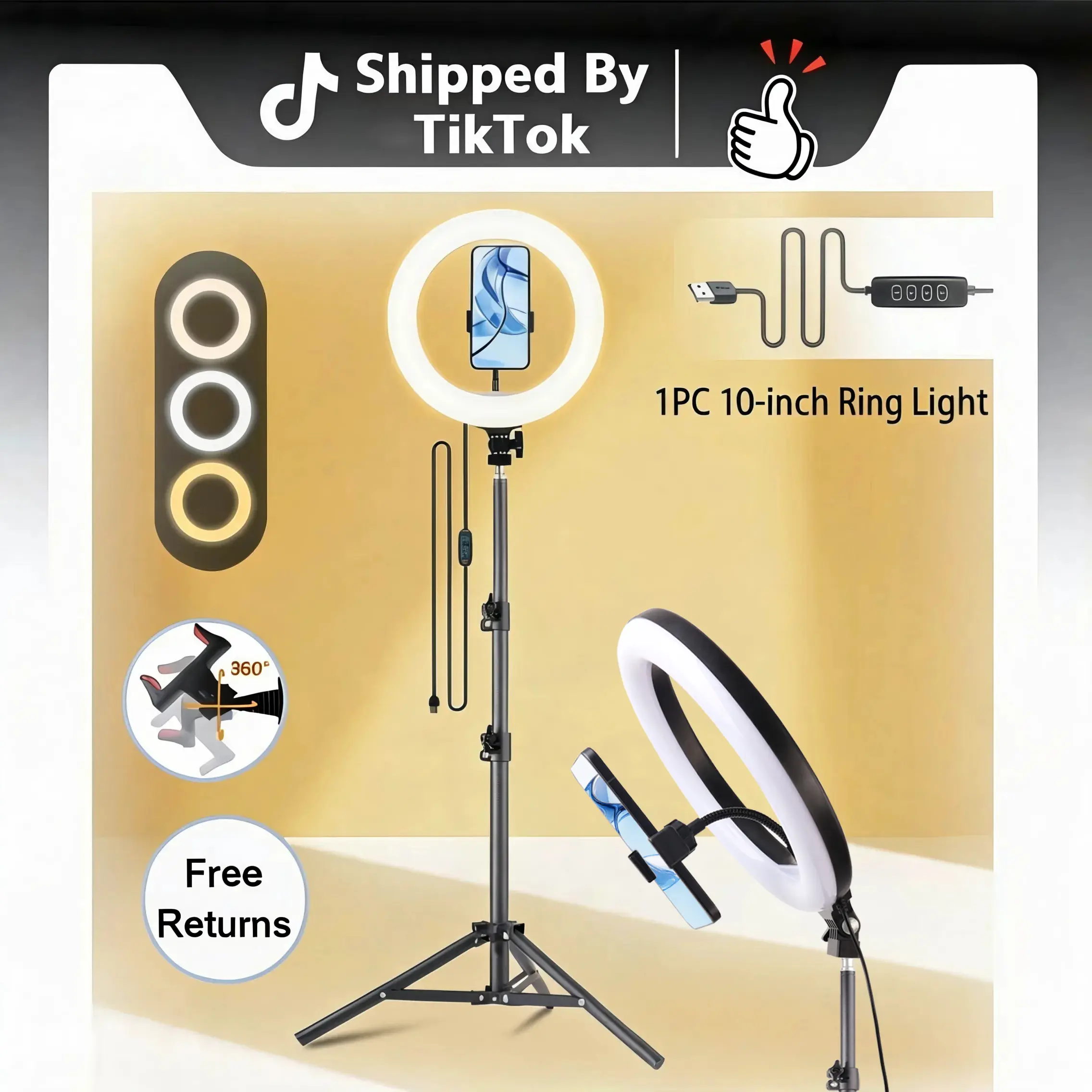 10"Ring Lights with Stand, Video Light Tripod for Phone, With 43.3"Tripod/2 Phone Clips/1 USB Ports, 2600K-6500K Color Temperature, for Makeup TikTok Video Recording Vlog, Selfie Photography（Not suitable for tattooing or haircuts）