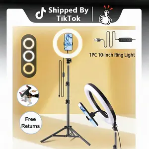 10"Ring Lights with Stand, Video Light Tripod for Phone, With 43.3"Tripod/2 Phone Clips/1 USB Ports, 2600K-6500K Color Temperature, for Makeup TikTok Video Recording Vlog, Selfie Photography（Not suitable for tattooing or haircuts）