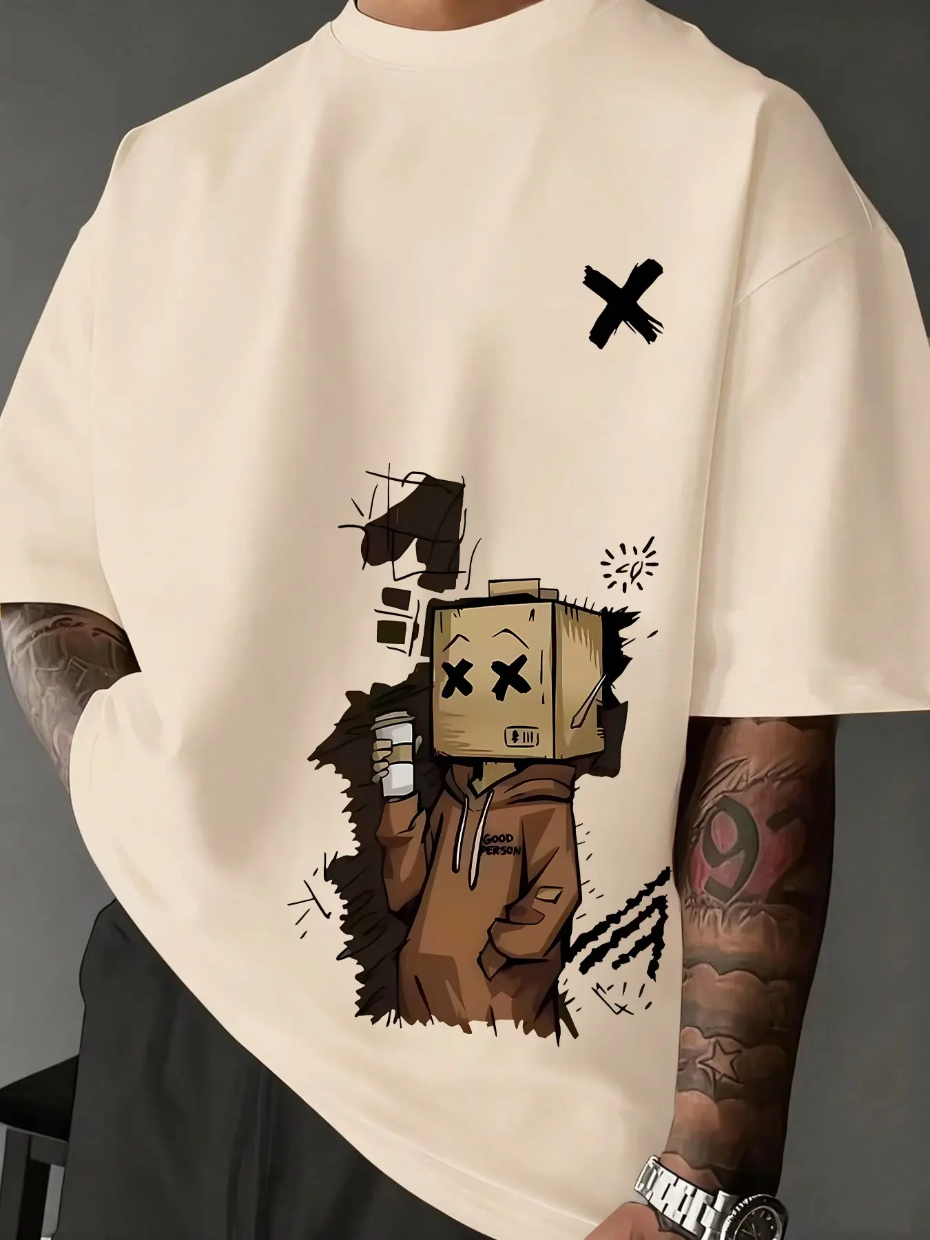 Men's Casual Streetwear Versatile Simple Japanese Crane Graphic Print Round Neck Short Sleeve T-Shirt Casual Graphic Tee