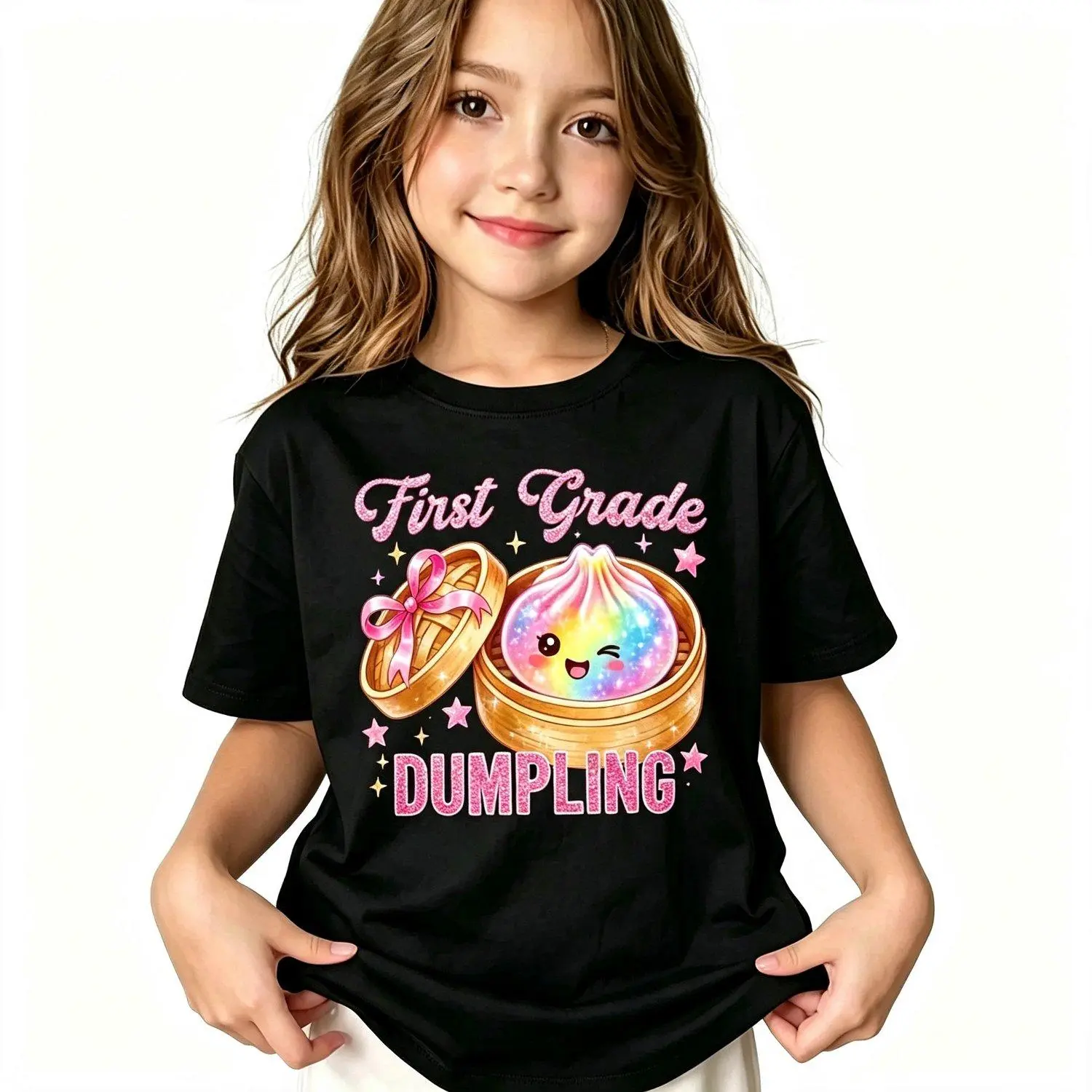Girls T-shirts Cute 1st First Grade Dumpling Teachers Back to School Girls Fashion Apparel Tee Style Top for Kids and Youth