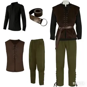 4 Pcs Men's Halloween Renaissance Costume Set Medieval Vest Shirt Ankle Banded Pants Viking Belt Armband Pouch