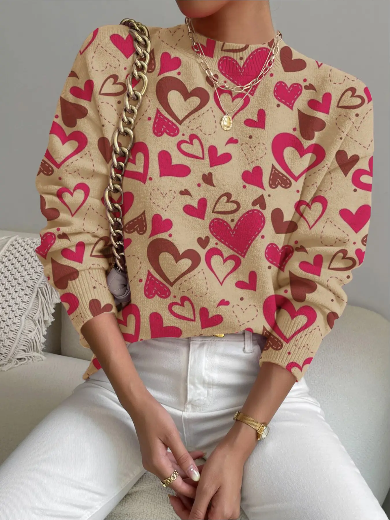 Women's Heart Print Stand Collar Fitted Sweater, Fall Winter Casual Long Sleeve Knitwear, Comfortable Warm Daily Wear, Animal Print Design