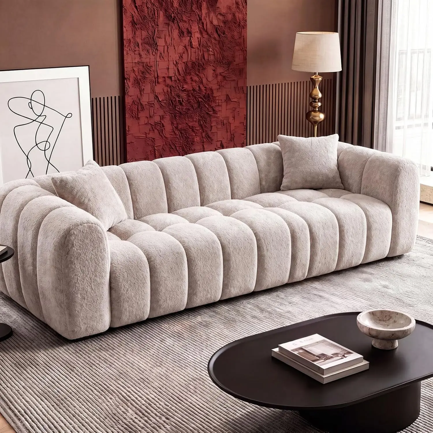Boucle Fabric 2.7in Bubble Tufted Modern Boneless Cloud Sofa - 3-Seater Oversized Fluffy Loveseat, Cloud Couches for Living Room, Modern Sofas, Sofa Lounge, No Assembly Required, Camel