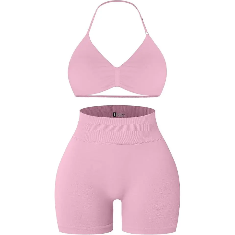 Comper Women's Halter Strappy Sports Bra and Seamless Ribbed Shorts Set