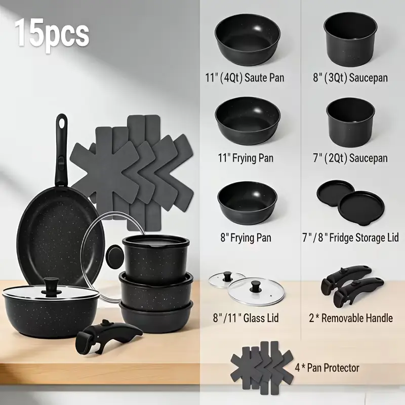 15pcs Pan Set Non-stick Pot Set, Kitchen Cookware Set Detachable Handle, Non-stick Cooker Induction Cookware Set, Detachable Handle, Cookware Set for Commercial Cooking Tools