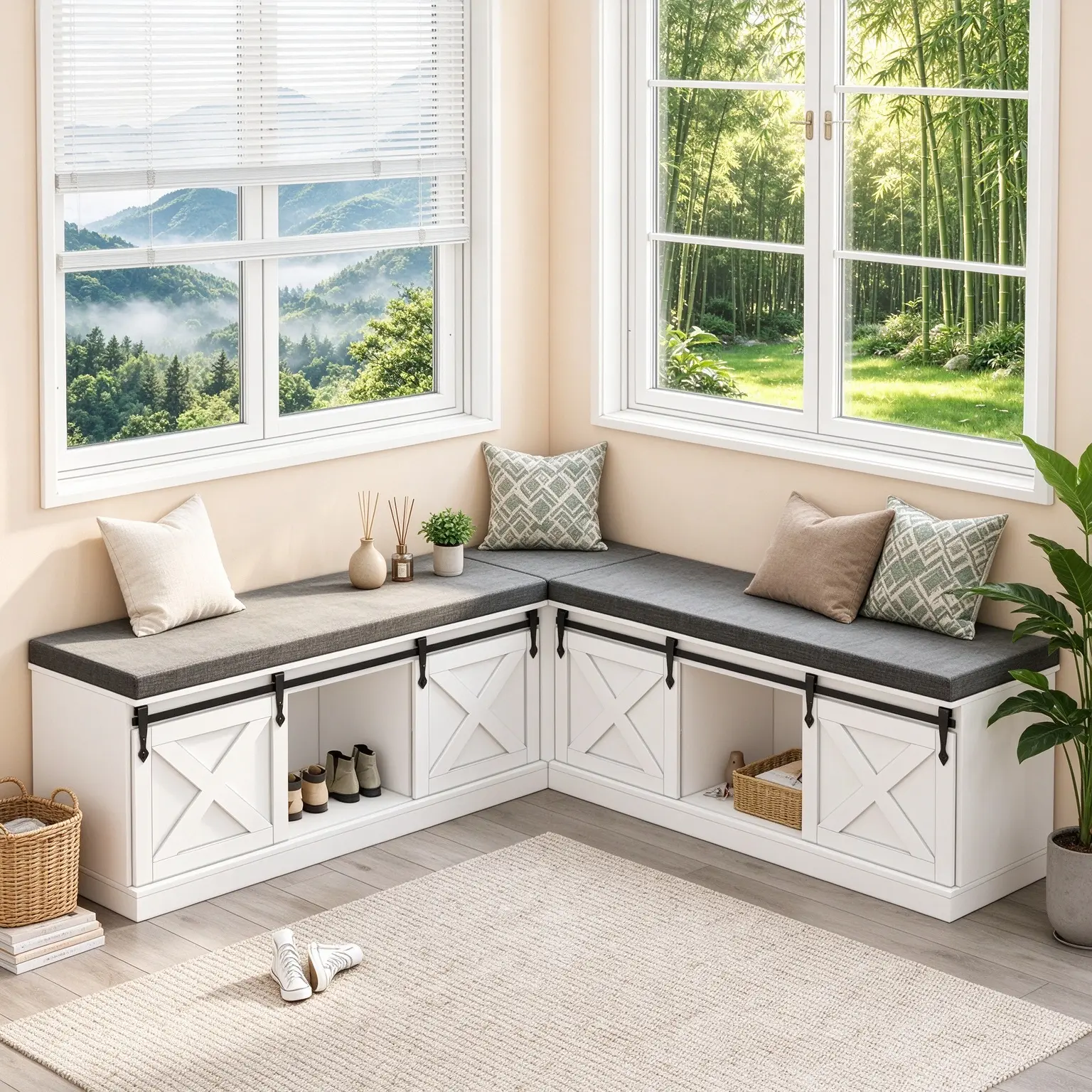 63" Farmhouse L-Shaped Corner Shoe Storage Bench with Cushion & Sliding Barn Door, Breakfast Nook Bench with Hidden Storage for Entryway, Dining Room, Hallway