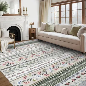 GARVEE Large Area Rug 10x13 Washable Rustic Floral Design, Non-Slip, Stain Resistant, Soft Carpet for Living Room, Bedroom, Dining Room, Home Office, Boho Farmhouse Style in Ivory