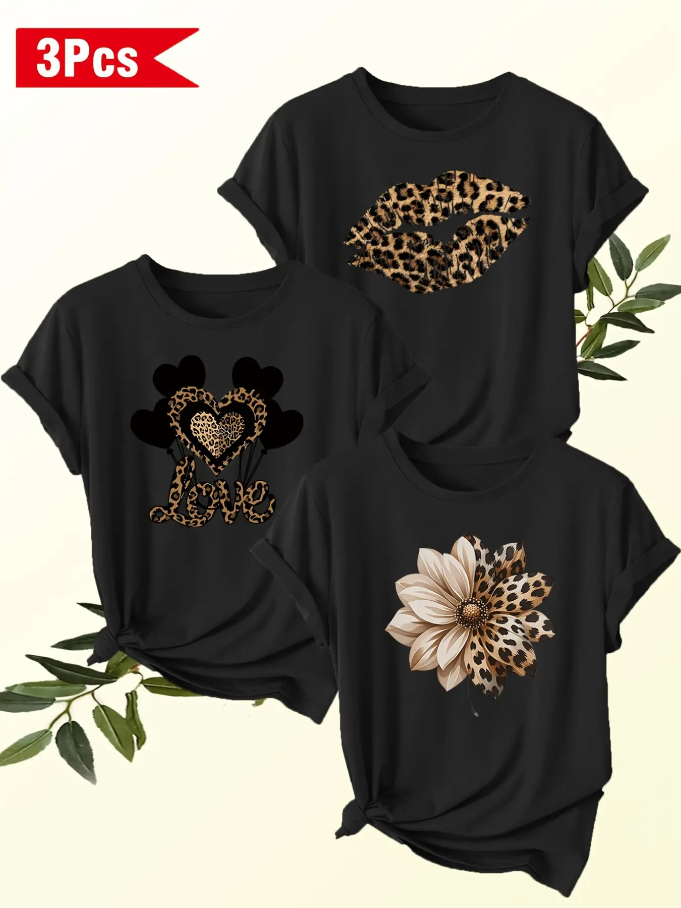 Women's 3-Pack Round Neck Short Sleeve T-Shirts, Casual Trendy Tee, Tops, Lady, Womenswear, Leopard Print, Soft Stretch Fabric, Casual Fashion, Summer, All Seasons