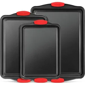 Baking Pan Set - 3 Pieces Non-stick Deluxe Carbon Steel Cookie Sheets, Sheet with Silicone Handle - Black