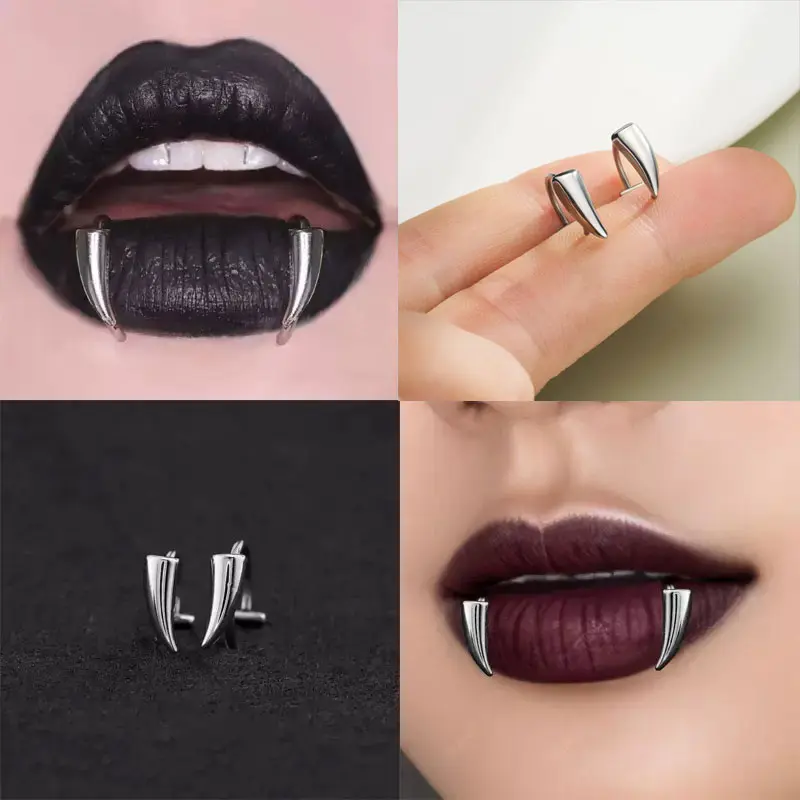 OUFER 2PCS Fake Snakebites Adjustable Vampire Fangs Lip Ring 316L Stainless Steel