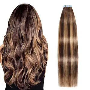 SUYYA 2026 New wigs human hair Tape in Hair Extensions Chocolate Brown to Caramel Blonde - Straight Seamless Skin Weft 12-24 inches,  20pcs/pack,comes with a free gift bundles #P4/27/T4
