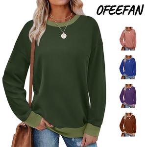 OFEEFAN Women's Contrast Trim Sweatshirts Crew Neck Long Sleeve Loose Fit Casual Tunic Top for Autumn Winter Fashion 2025