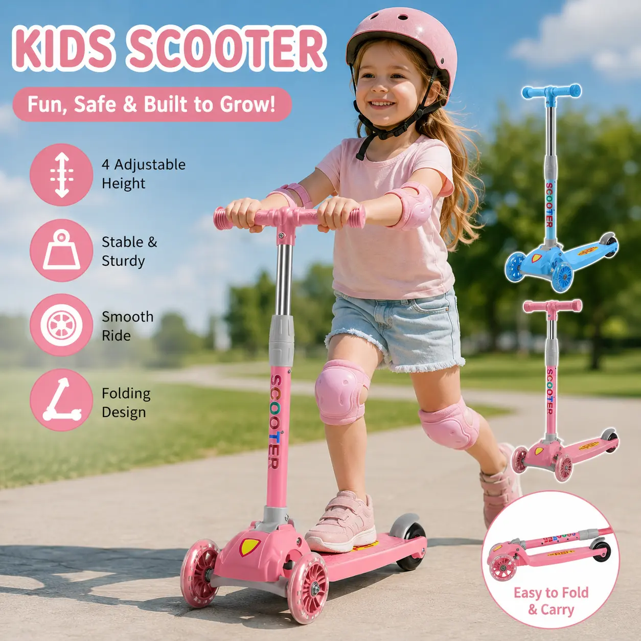 3-Wheel Kick Scooter for Outdoor Recreation & Urban Travel - Adjustable Height Handlebar, Foldable Portable Design, Anti-Slip Pedal, Stable Gliding