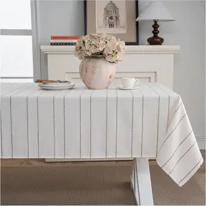 Caflife White Rectangle Tablecloth 55x86 Inch, Cotton Linen Polyester Blend Stripes Table Cloth, Farmhouse Boho Decorative Table Cover for Dining Room Party Buffet Home Kitchen Table Decor