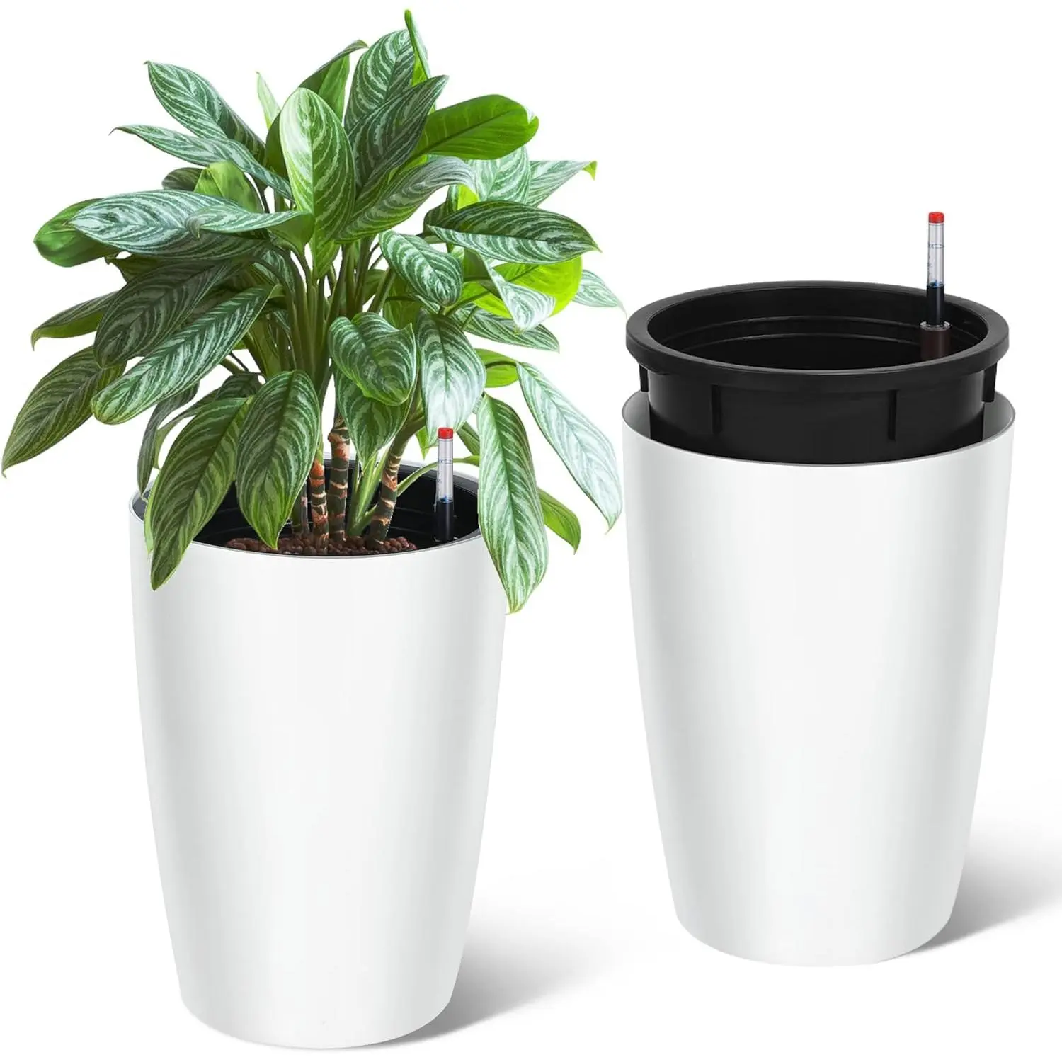 Garvee Set of 2 Tall Self Watering Planters - 16 in Large Planters - Large Modern Flower Pots with Water Level Monitor & Built-in Drainage - Indoor Outdoor Plant Containers for Patio, Porch, Living Room, Office, White