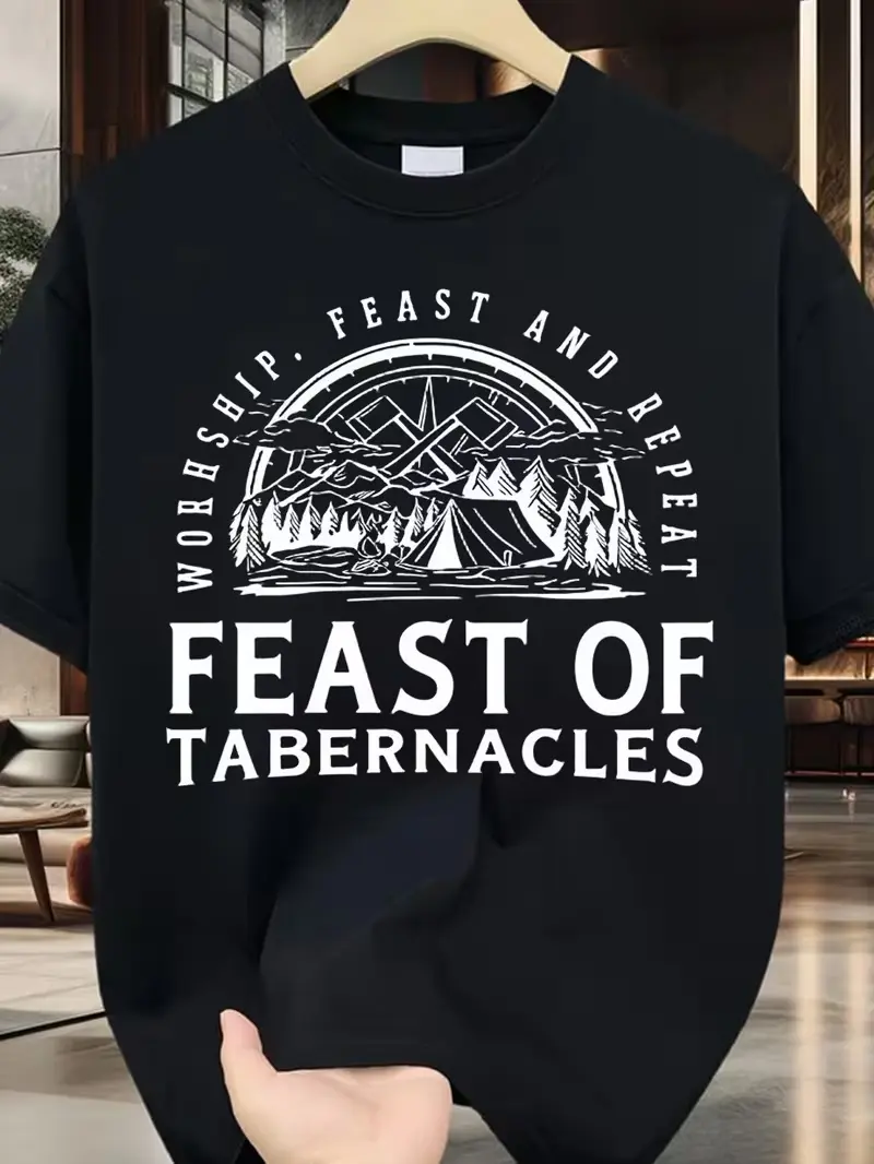 Men'S Jewish Holiday T-Shirt - Hebrew Lettering & Menorah Print, Casual Round Neck Short Sleeve Tee for Hanukkah & Sukkot Celebrations, Hebrew Text Feast of Tabernacles Design