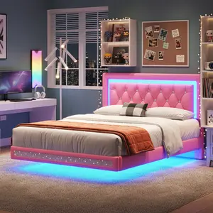 TryLazy Floating Bed Frame with LED Lights, Upholstered Morden Platform Bed with Diamond Tufted Headboard, No Box Spring Needed, Noise Free, Easy Assembly