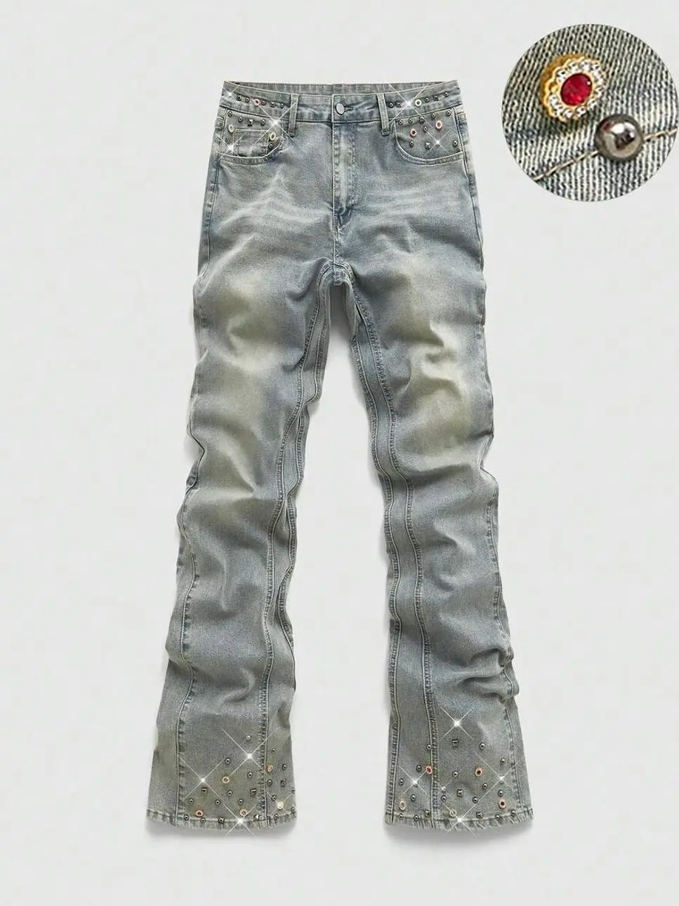 Men's Rhinestone Studded Denim Jeans, Slim Fit Distressed Washed Streetwear Pants for Daily Wear