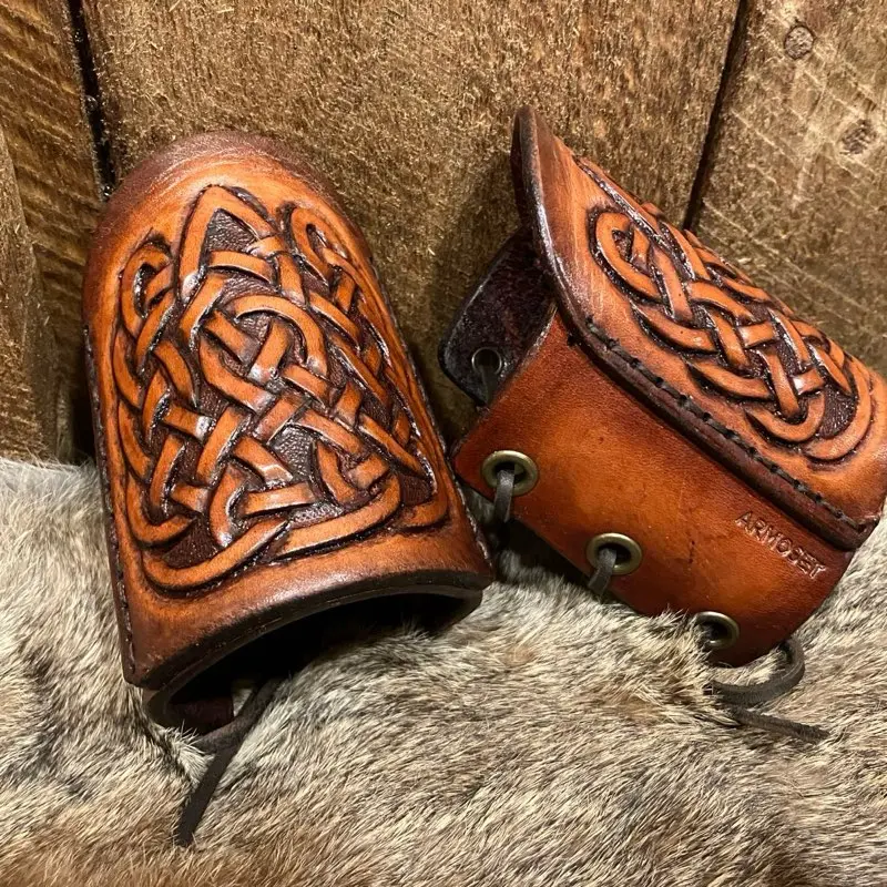 Shieldmaiden’s Knot Custom Leather Bracers for Women with Intricate Celtic Knot Design and Durable Construction
