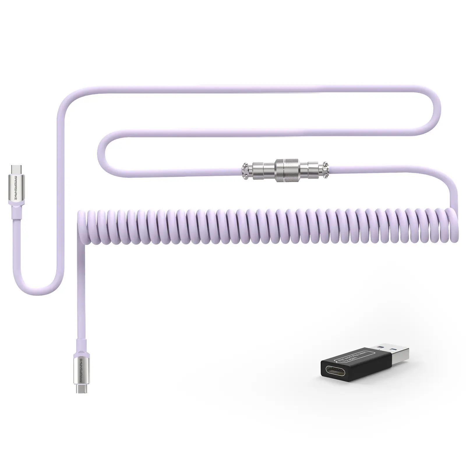 MAMBASNAKE CO4-C Coiled USB C Cable for Mechanical Keyboard with USB to USB C Adaptor, Type C to Type C, TPU Double Sleeved Spring Charging Cable with 5-Pin Metal Aviator Connector, 4.92ft Length, Sturdy and Durable Quality, Charging Accessory