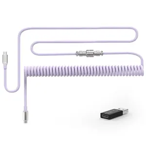 MAMBASNAKE CO4-C Coiled USB C Cable for Mechanical Keyboard with USB to USB C Adaptor, Type C to Type C, TPU Double Sleeved Spring Charging Cable with 5-Pin Metal Aviator Connector, 4.92ft Length