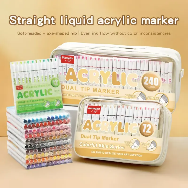 GuangNa Double-Headed Acrylic Paint Pen Set - 12/72/240-Count Marker Bundle with 11 Color Systems, Multi-Tip, Non-Transparent, Boxed Office Stationery for Artists to Boost Creativity & Enhance Artistic Expression (240 Color Option Available)