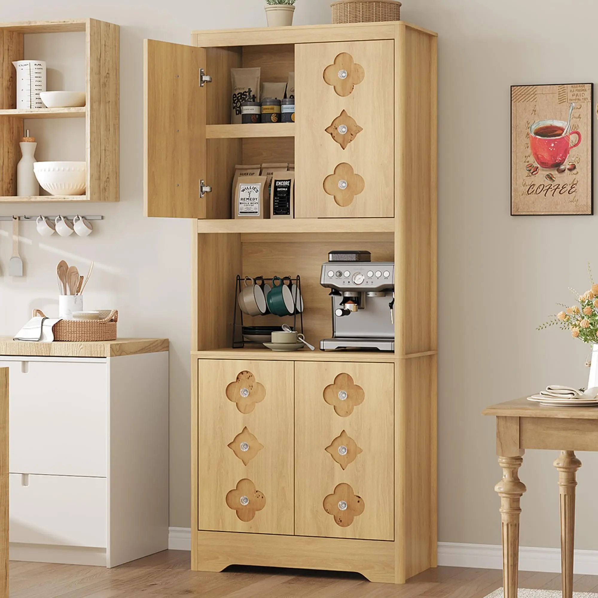 Garvee Kitchen Pantry Cabinet, 72" Tall Storage Cabinet with Open Shelves for Microwave, Freestanding Wooden Cupboard with Carved Door & Crystal Handle, for Dining Room, Living Room, Light Oak