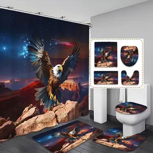 Creative Eagle Theme Wild Starry Sky Print Shower Curtain Set, Waterproof Bath Mat, U-Shaped Toilet Pad, Bathroom Decor, Christmas Gift