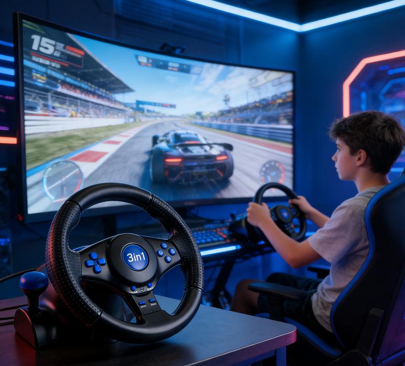 3-in-1 Racing Game Wheel /Winter Vacation At Home Must-Have 3-in-1  Gaming USB Plug & Play Desktop Adsorption Compatible with PC/PS2/PS3/Xbox360 Console Controller Accessory