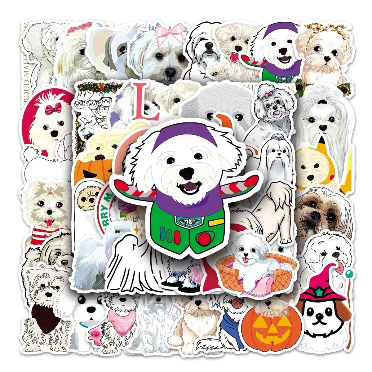50 pack of Maltese dog and animal stickers. Waterproof.  No Duplicates