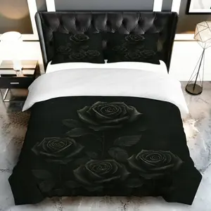 3PCS Duvet Cover Set, 1 Duvet+2 Pillowcases(Without filler), Black Rose Elegant Floral Romantic Luxurious Gothic theme, Halloween bedding set, Decorative Soft Bedding Suitable for decoration Bedroom Hotel Guest Room Living Room