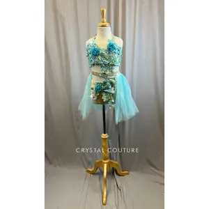 Custom Aqua and Nude Bra Top and Brief Set with Tulle Skirt -Rhinestones, Appliques, Accessories