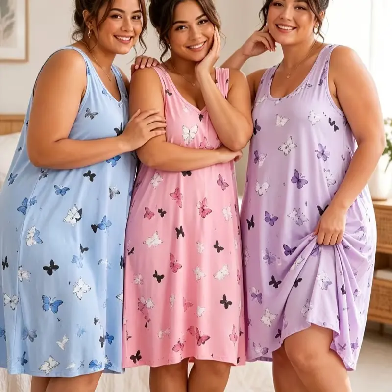 3pcss Plus-Size Women'S Set, Sleeveless Butterfly Print Camisole Nightgown 3pcss Set, Comfortable And Loose A-Line Nightgown, Casual And Cool Summer Loungewear Set