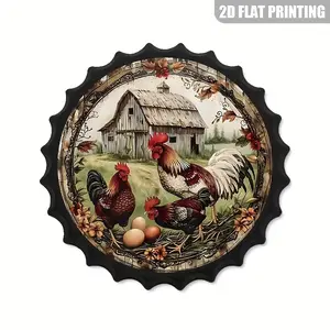 Vintage Metal Tin Sign in Bottle Cap Shape, 2D Farm Chicken Design, Retro Wall Decor for Farmhouse, Chicken House, Tph20241001