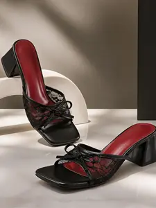 Wide Fit Coquette Lace Mules - Black & Red Square Toe Block Heels for Office Siren Aesthetic