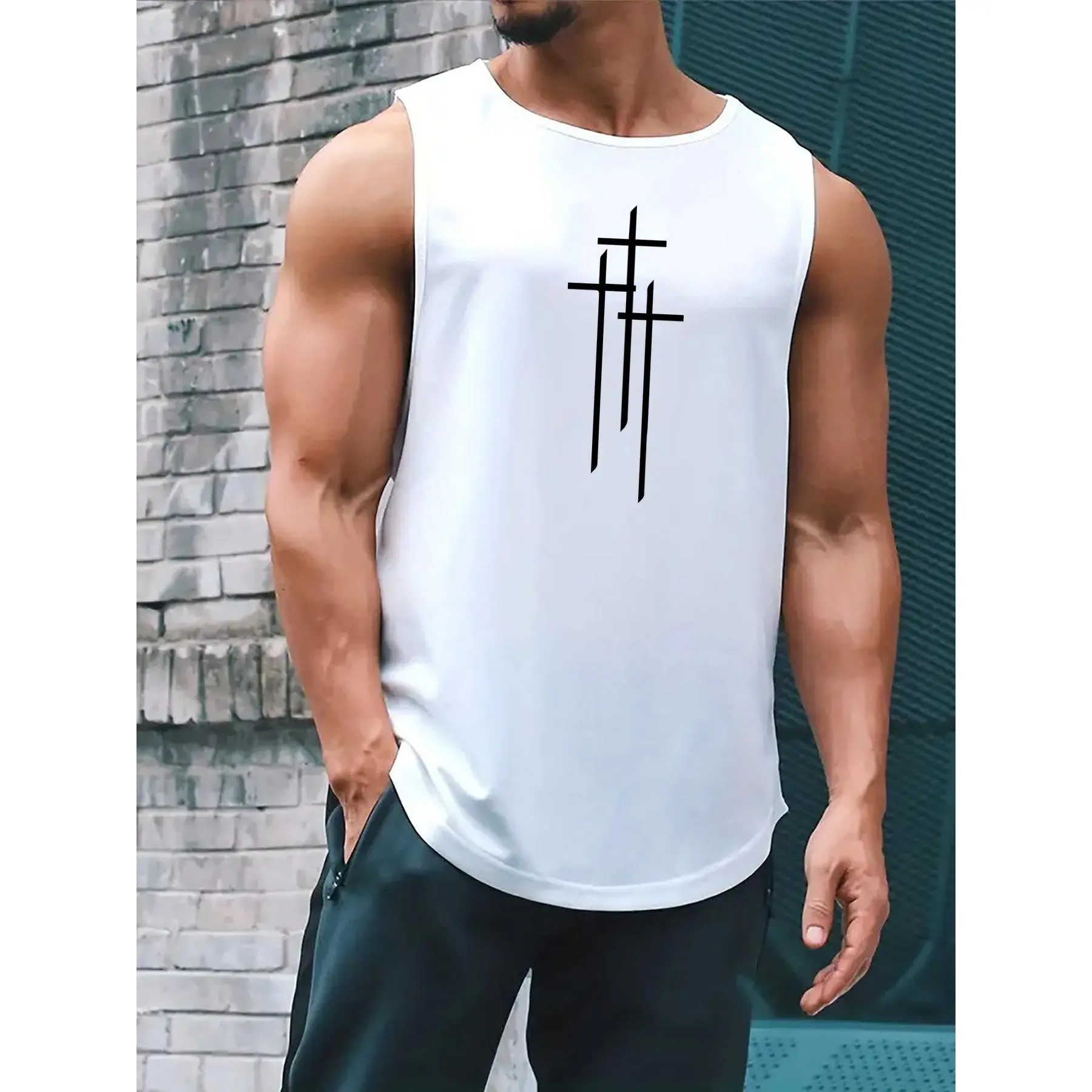 Men's Cross Print Muscle Tank Top - Quick-Dry Polyester Knit with 5% Spandex, Loose-Fit Crew Neck Semi-Sheer All Over Print Breathable Sporty Chic Gym & Casual Sleeveless Shirt, Machine Washable, Casual Wear