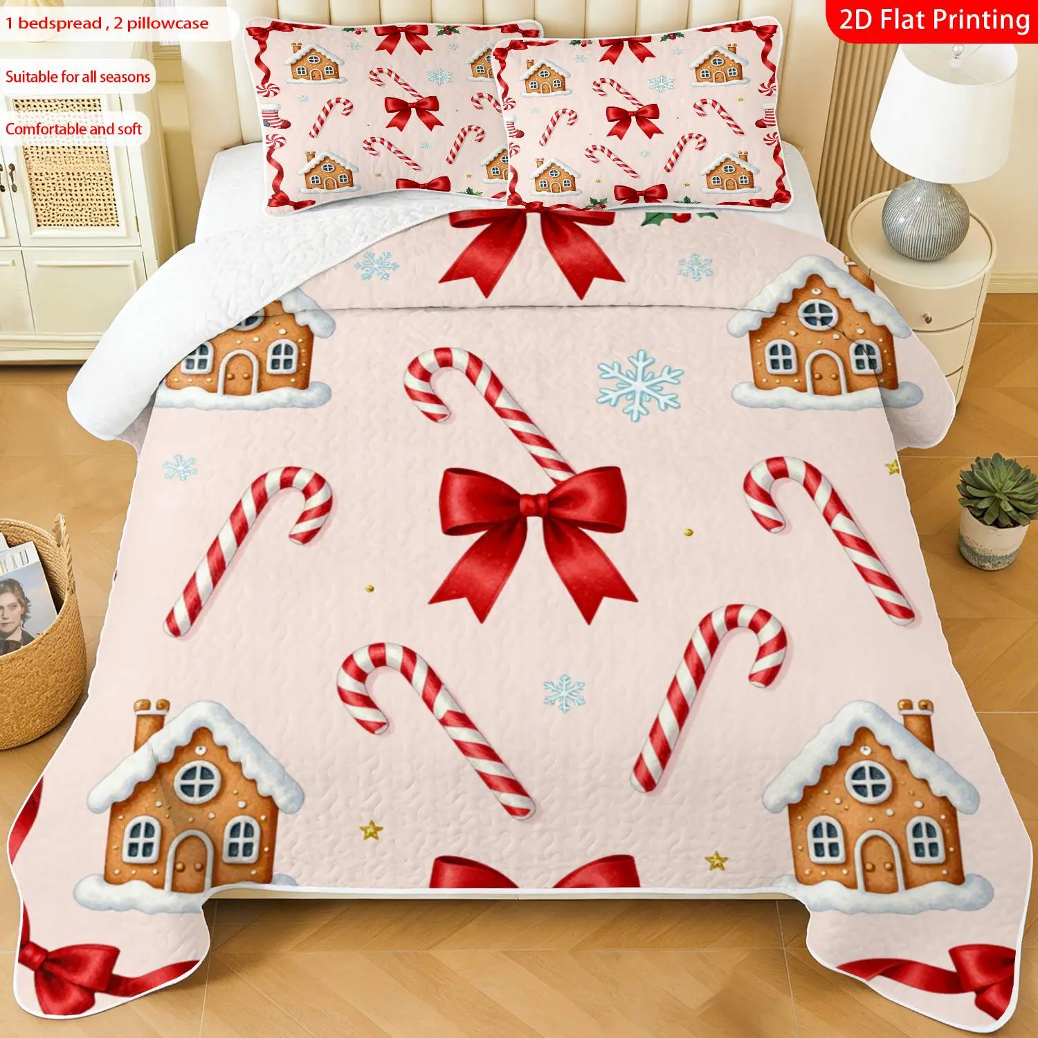 3pcs, 2D flat print Gingerbread House & Candy Cane bed cover set, Christmas theme, multiple sizes available, bedding set, festive decorative bedding, ideal for bedroom décor(1 bedspread , 2 pillowcase)
