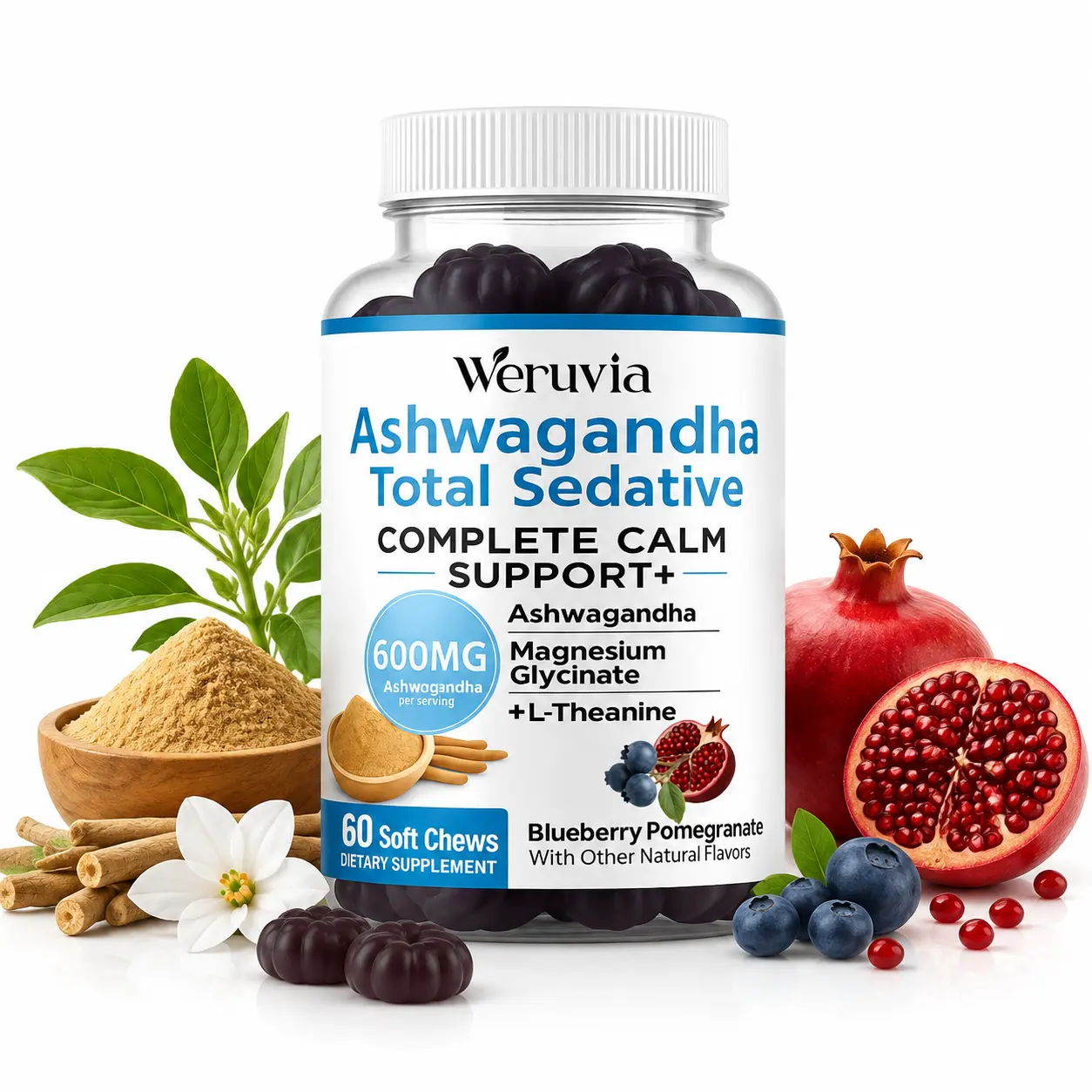 Ashwagandha Gummies 600mg, Stress Relief & Relaxation Support with Magnesium Glycinate and L-Theanine, Natural Calm Supplement, Blueberry Pomegranate Flavor, 60 Soft Chews