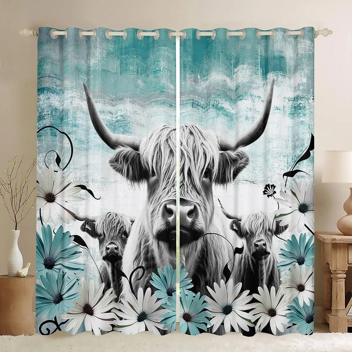 Feelyou Highland Cow Print Velvet Multi-Piece Curtains & Drapes - Teal Western Farmhouse 30%-50% Partial Shade Blackout Curtains for Bedroom/Room, Longhorn Cattle Daisy Flower Cowboy Home Decor Set of 2 Panels, Velvet Fabric